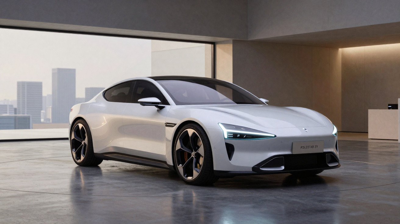 Voiture électrique blanche Polestar 6 GT design sportif dans un showroom moderne et épuré.