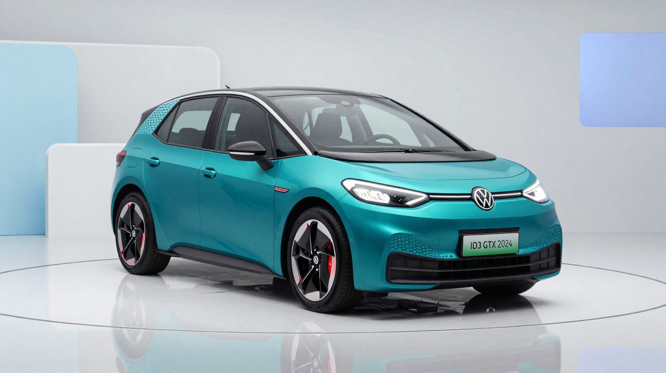 Voiture électrique Volkswagen ID.3 GTX 2024 bleu turquoise présentée dans un showroom moderne.