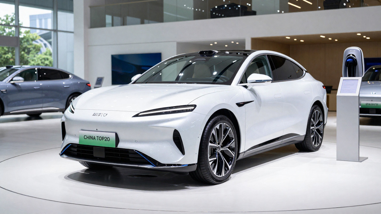 Voiture électrique blanche moderne exposée en showroom avec borne de recharge et grandes baies vitrées.