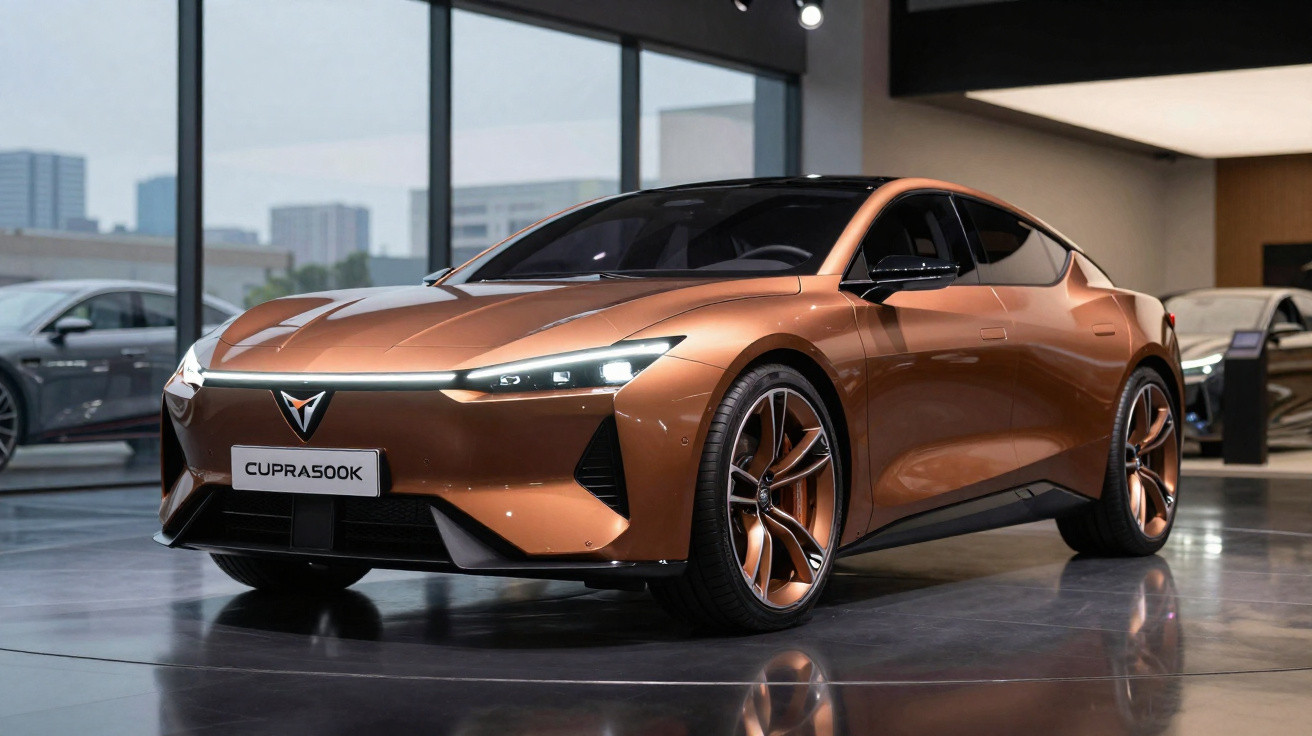 Voiture sportive électrique Cupra 500K orange métallisé exposée dans un showroom moderne avec grandes baies vitrées.