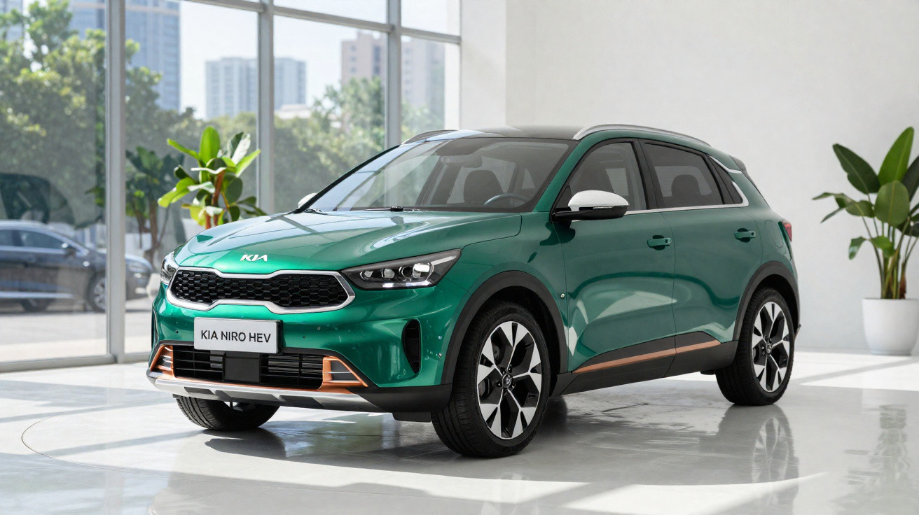 SUV Kia Niro hybride rechargeable vert métallisé garé dans un showroom lumineux avec grandes baies vitrées.