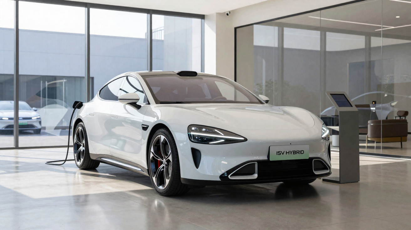 Voiture hybride blanche en charge dans un showroom moderne avec grandes baies vitrées et sol en béton.