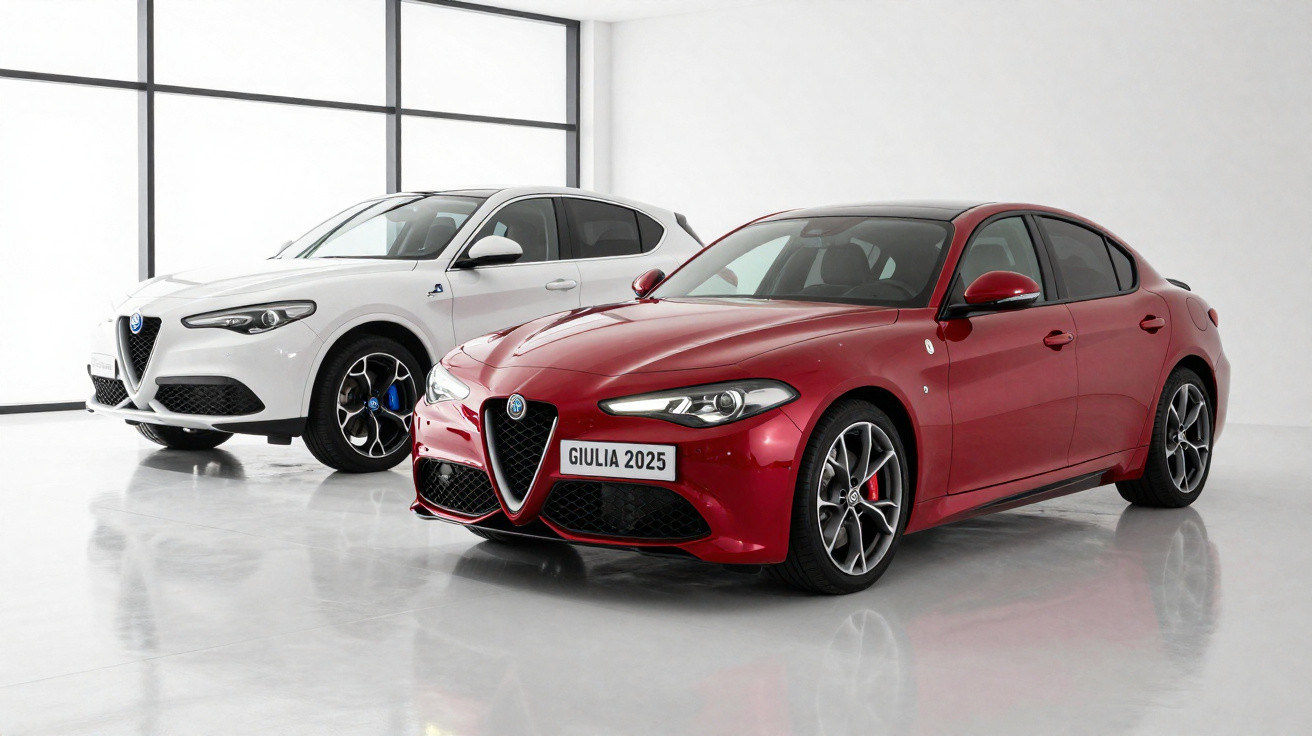 Deux voitures Alfa Romeo 2025, une berline rouge Giulia et un SUV blanc Stelvio, présentées dans un showroom lumineux.