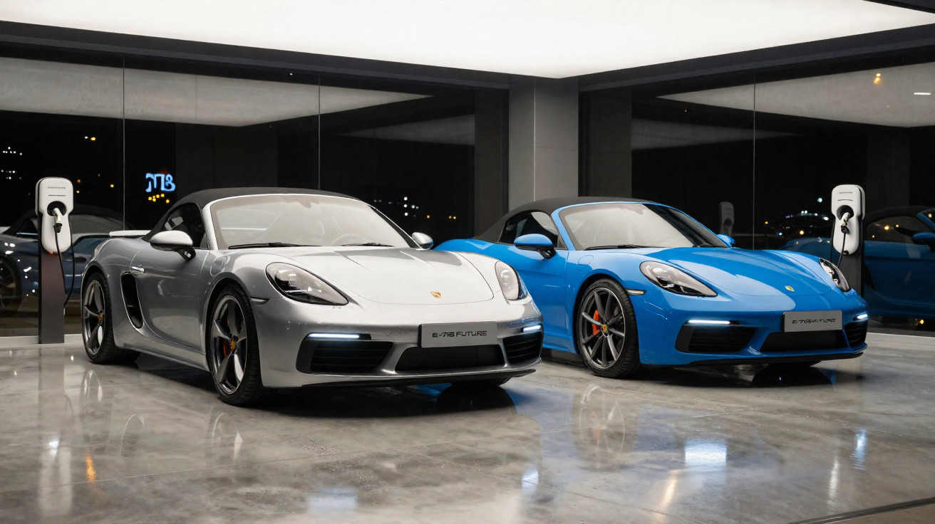 Deux voitures de sport Porsche décapotables, une grise et une bleue, stationnées dans un showroom lumineux.
