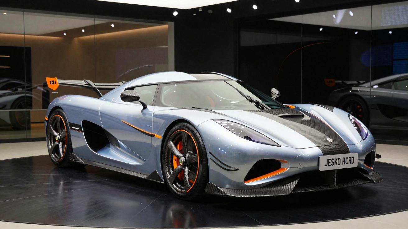 Voiture de sport grise Koenigsegg Jesko RCRD exposée sur un sol brillant dans un showroom moderne.