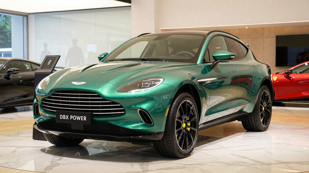 Voiture de luxe verte Aston Martin DBX Power exposée dans un showroom moderne avec sol en marbre.