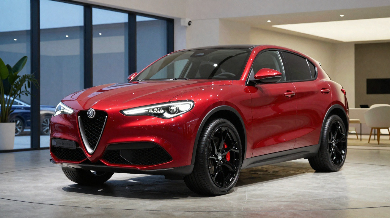 SUV Alfa Romeo Stelvio rouge brillant exposé dans un showroom moderne avec jantes noires sportives