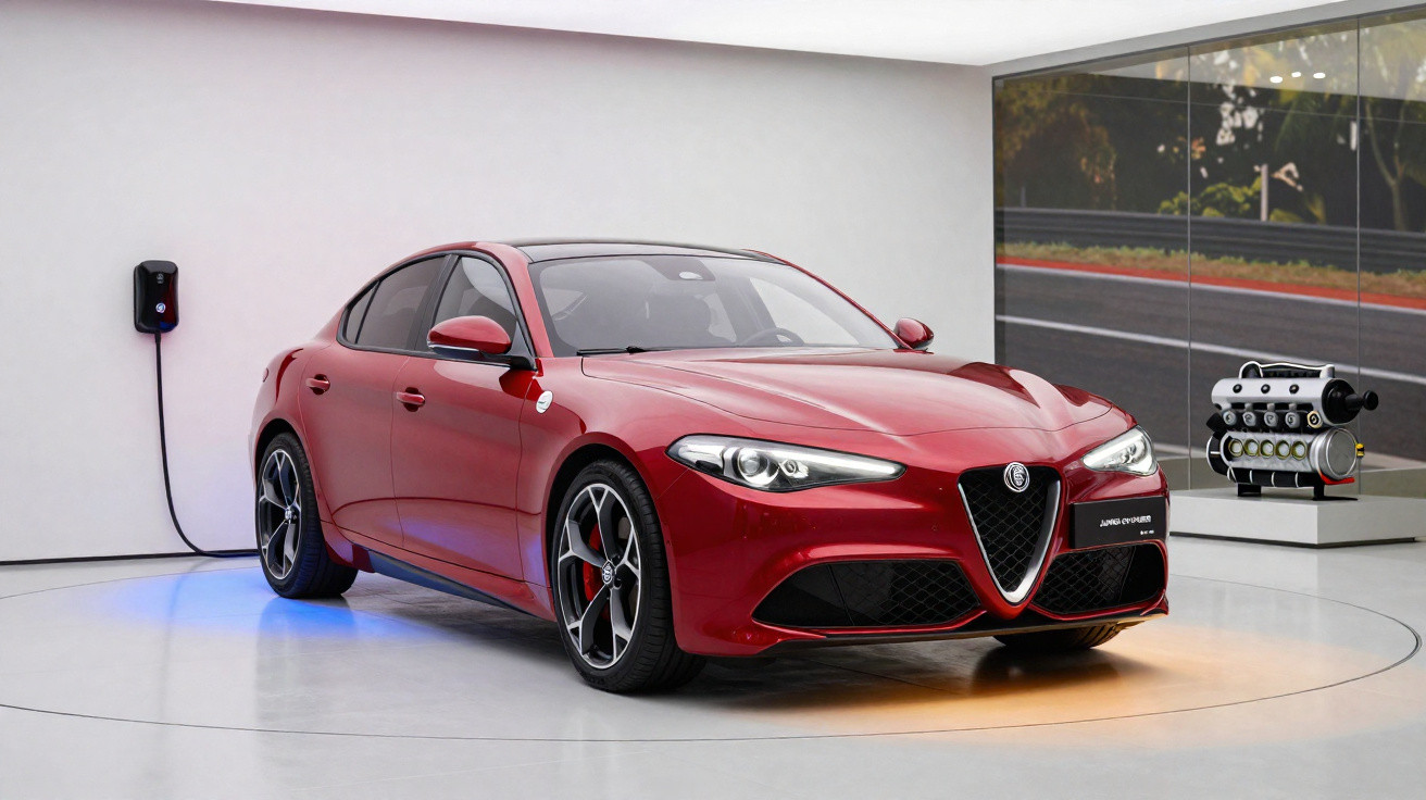 Voiture sportive rouge Alfa Romeo en charge sur un socle dans une galerie d'exposition moderne.