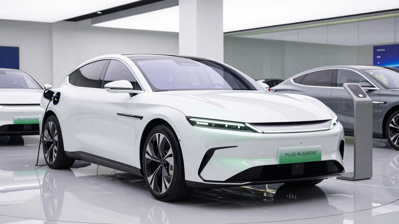 Voiture électrique blanche en charge dans un showroom avec d’autres véhicules visibles en arrière-plan.