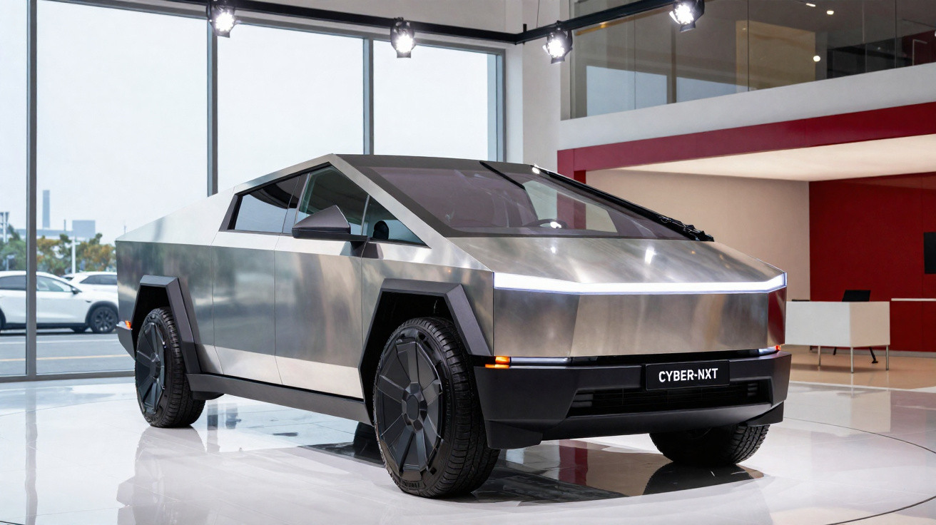 Véhicule électrique Tesla Cybertruck argenté exposé dans un showroom moderne avec grandes fenêtres.