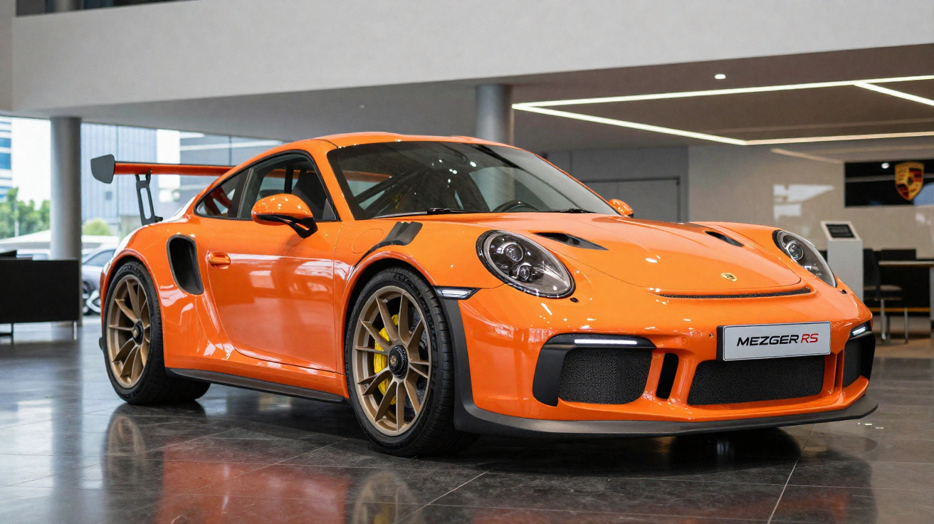 Voiture de sport Porsche 911 GT3 RS orange exposée dans un showroom avec sol en marbre brillant.