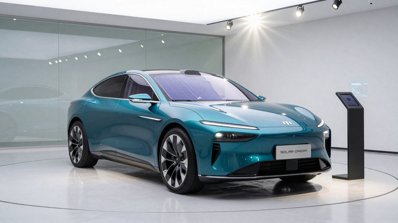 Voiture électrique moderne verte avec panneaux solaires sur le toit exposée dans un showroom lumineux.