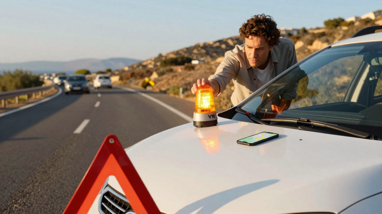 Homme posant un triangle de signalisation et une balise lumineuse orange sur le capot d’une voiture blanche en panne.