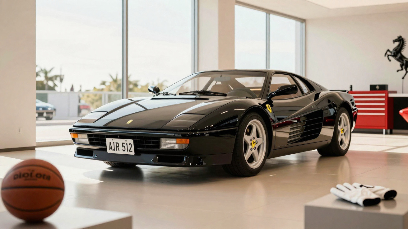 Ferrari noire exposée dans un showroom moderne avec ballon de basket et mobilier rouge en arrière-plan.