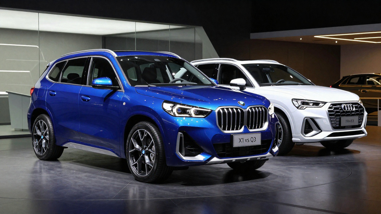 Deux SUV modernes exposés en intérieur, un BMW bleu à gauche et un Audi blanc à droite.