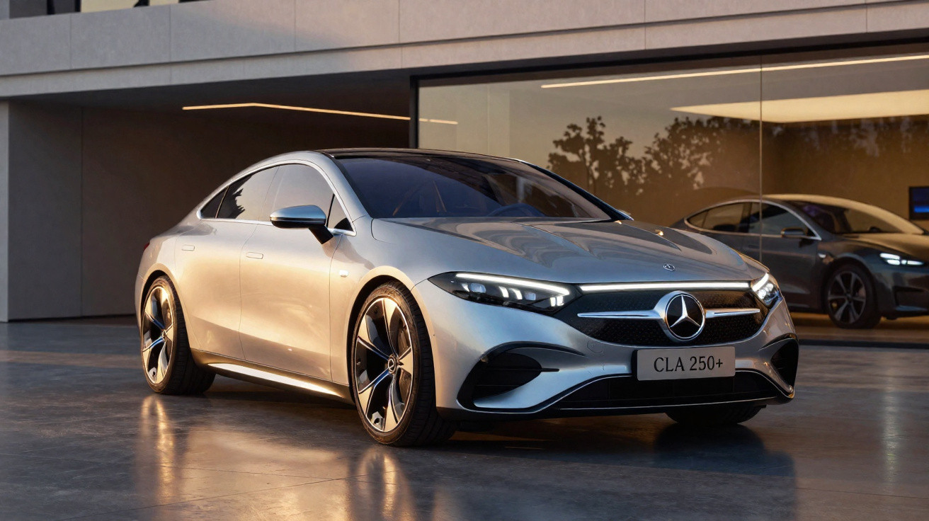 Mercedes CLA 250+ grise brillante garée devant un bâtiment moderne avec grandes fenêtres réfléchissantes.