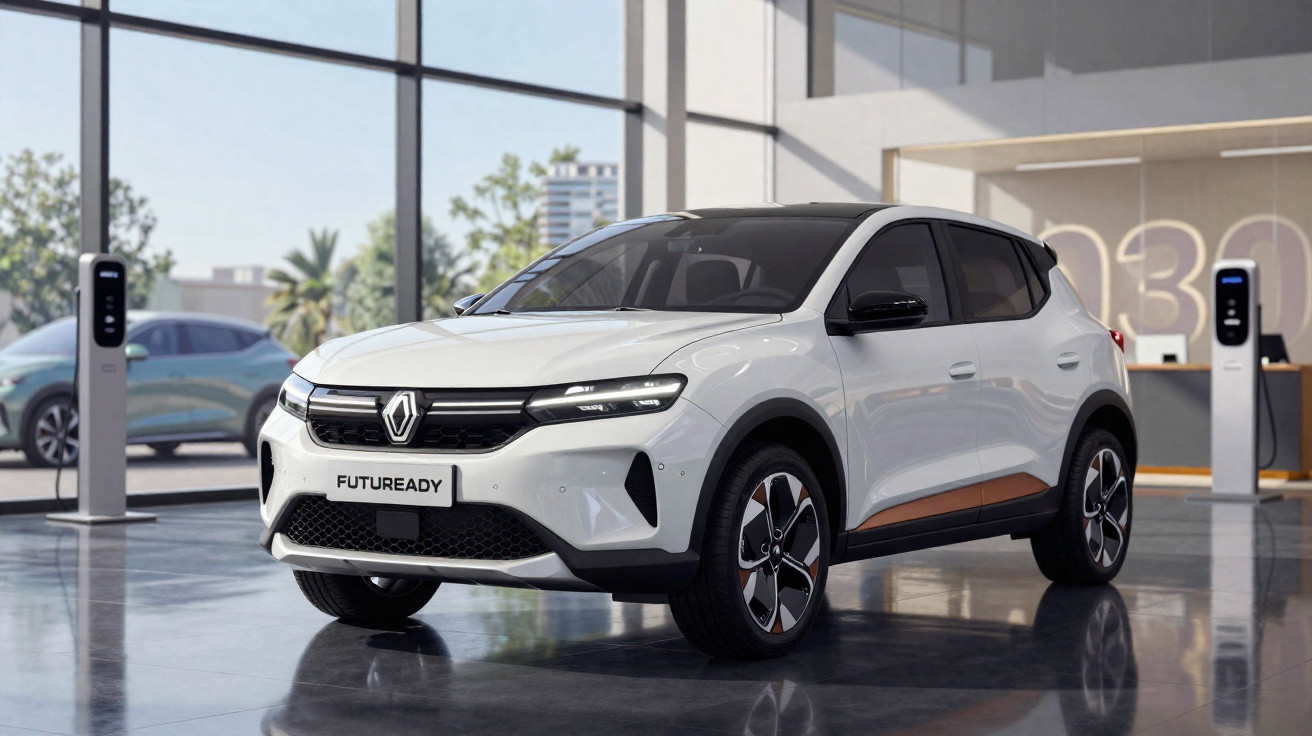Voiture électrique compacte blanche Renault Future Ready exposée en intérieur, avec bornes de recharge en arrière-plan.