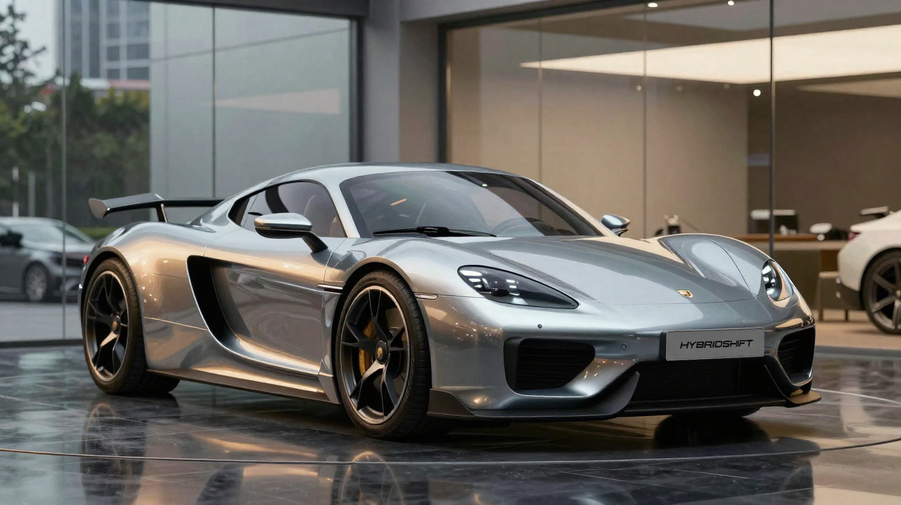 Voiture de sport grise Porsche Hybridshift exposée dans un showroom lumineux moderne.
