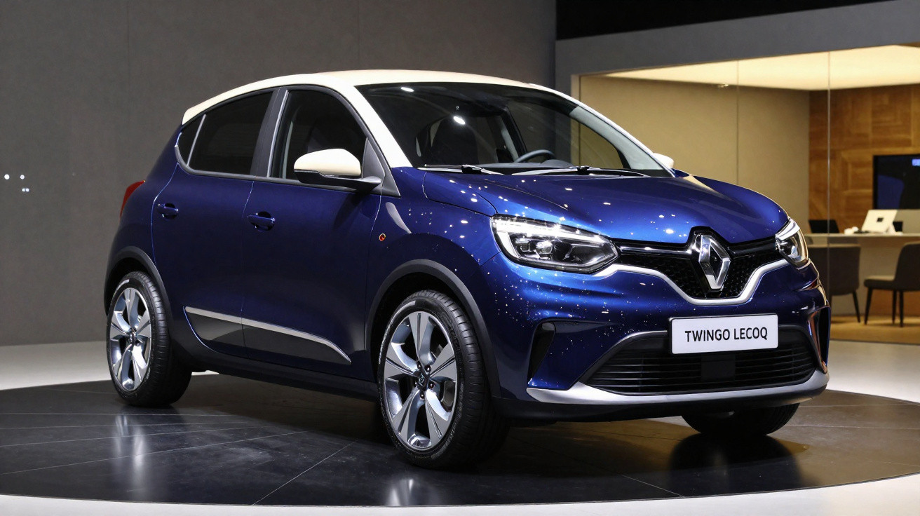 Voiture compacte Renault Twingo bleu métallisé exposée en intérieur sur un podium rotatif.