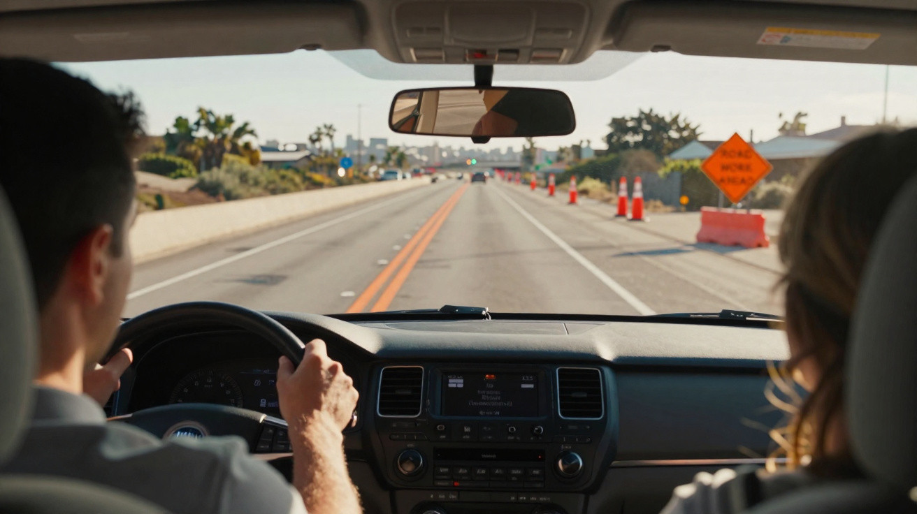 Vue intérieure d'une voiture avec un conducteur et un passager sur une route en construction sous un ciel clair.