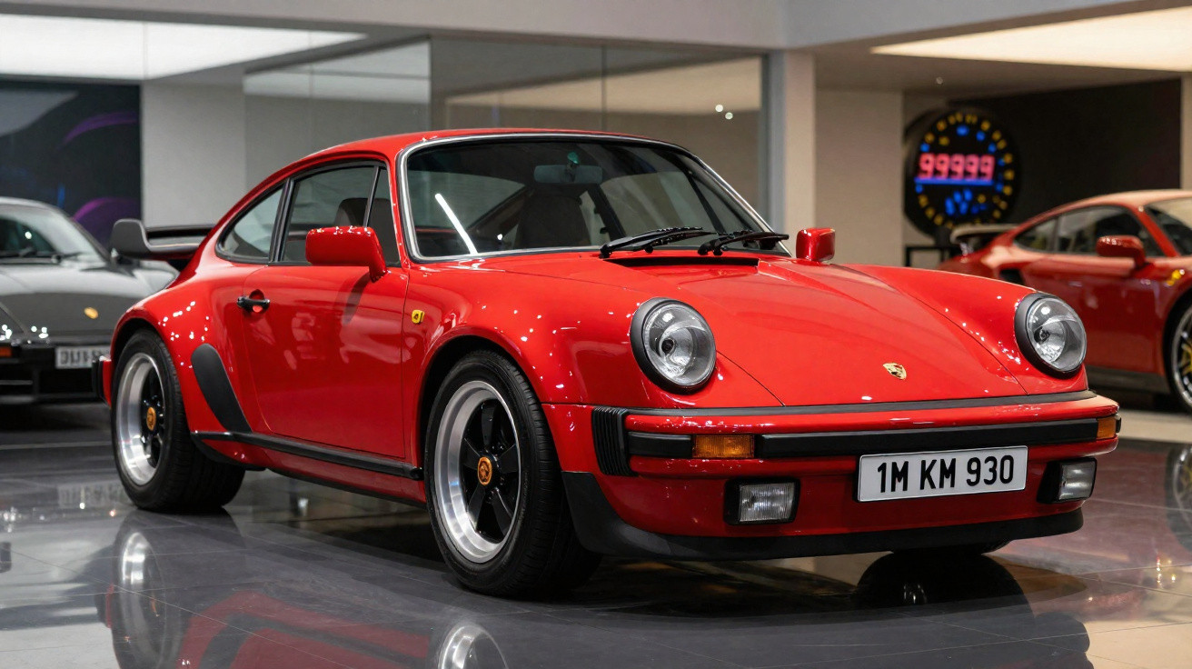 Voiture de sport Porsche rouge vintage exposée dans un musée automobile moderne.