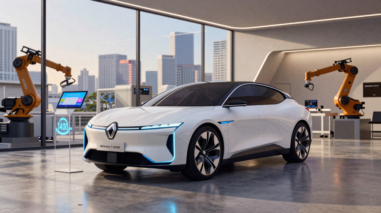 Voiture électrique blanche Renault futuriste dans un showroom high-tech avec robots industriels en arrière-plan.