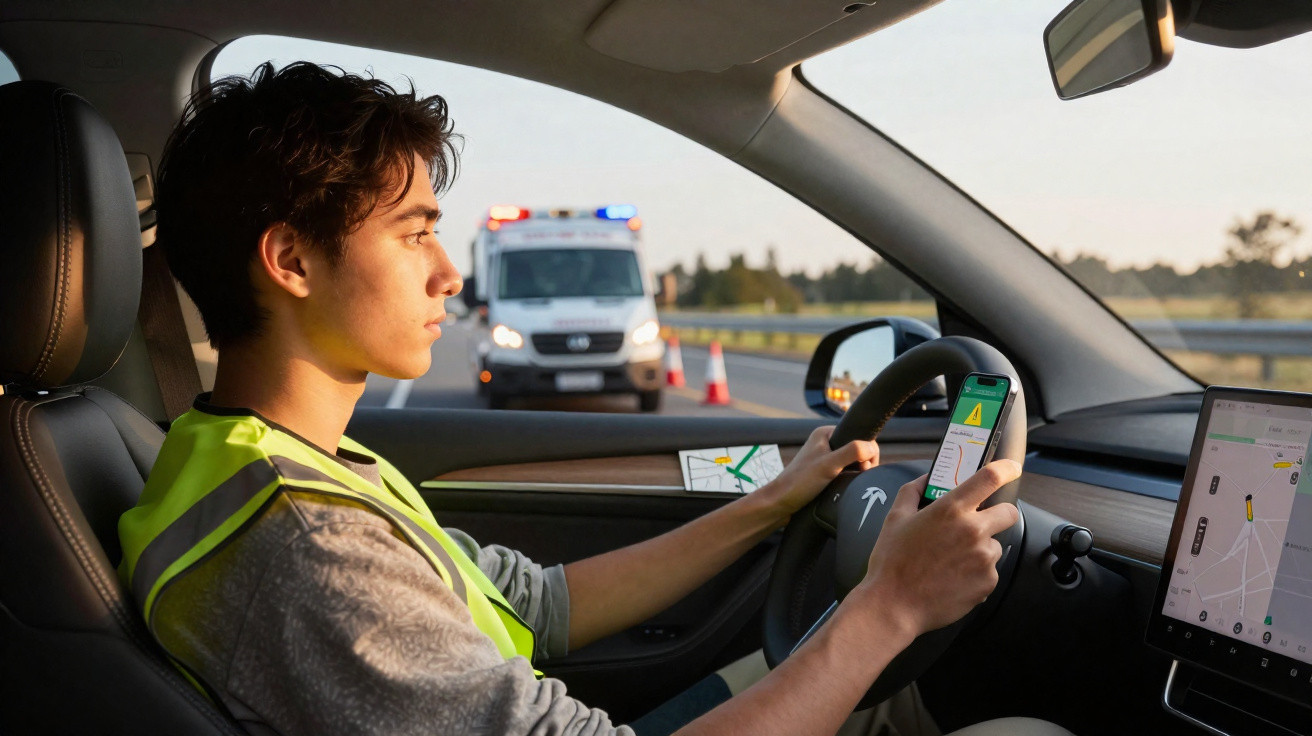 Homme avec gilet de sécurité dans une voiture utilisant un smartphone et un GPS, avec véhicule d'urgence sur la route.