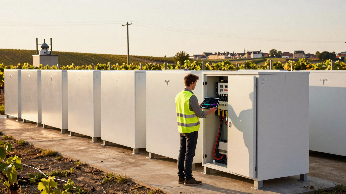 Un technicien en gilet jaune contrôle des équipements électriques en extérieur près d’un vignoble au coucher du soleil.
