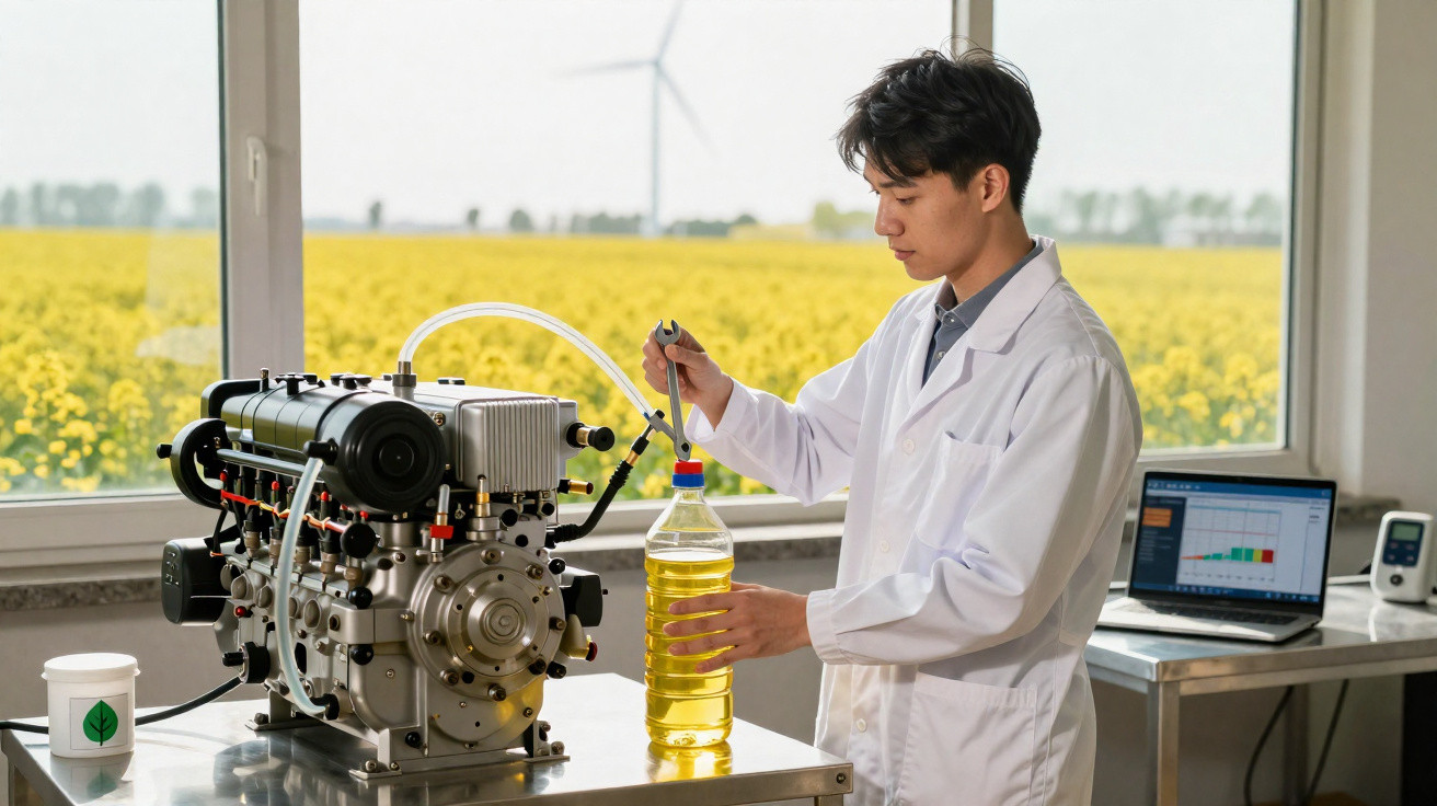 Scientifique en blouse blanche analyse un échantillon d'huile dans un laboratoire avec moteur et ordinateur.