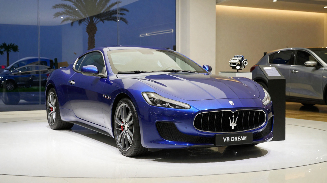 Voiture de sport Maserati bleue exposée sur un podium dans un showroom moderne avec un palmier en arrière-plan.