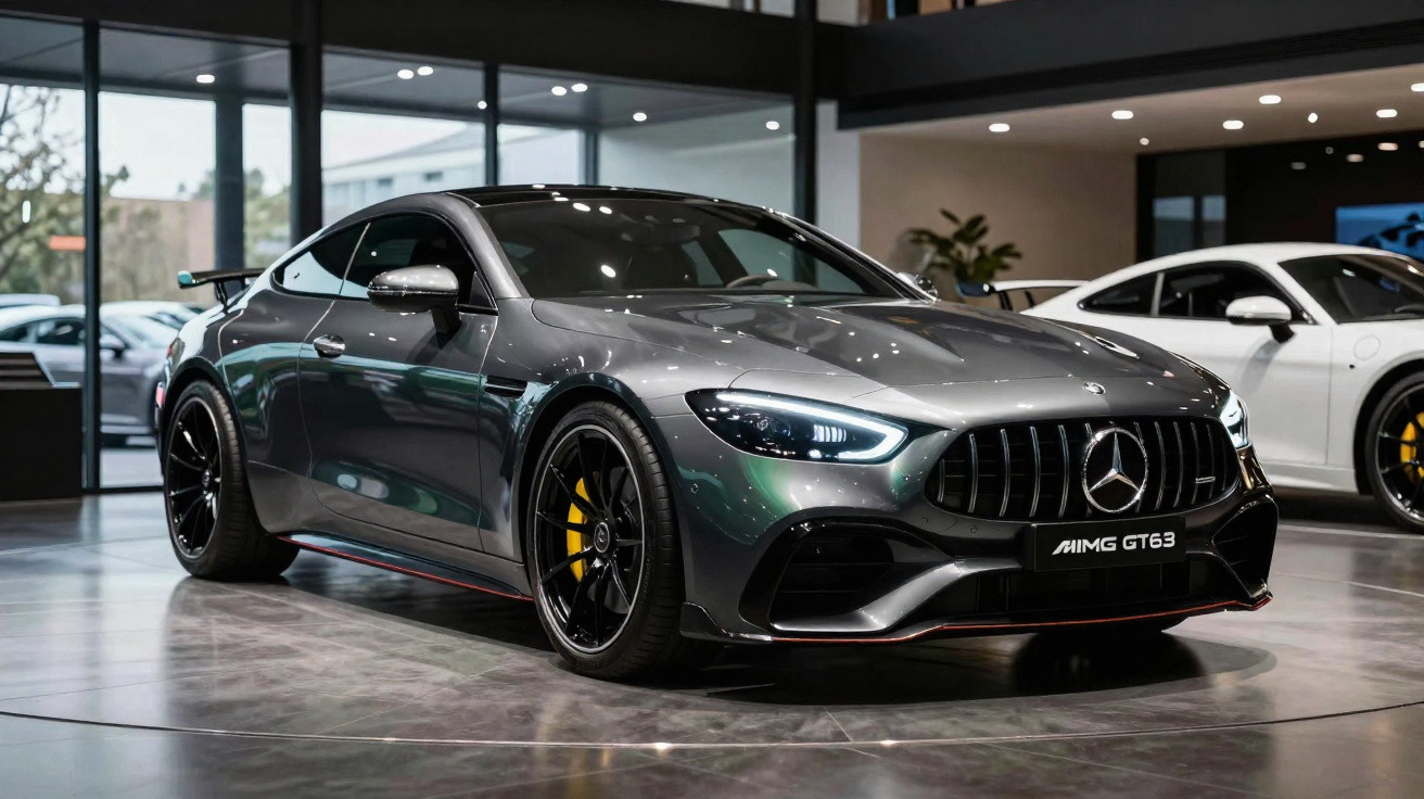 Voiture sportive Mercedes AMG GT63 grise exposée en showroom avec roues noires et freins jaunes.