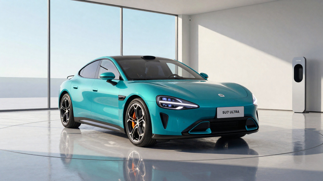 Voiture électrique sportive bleu turquoise garée dans un showroom lumineux avec borne de recharge à gauche.