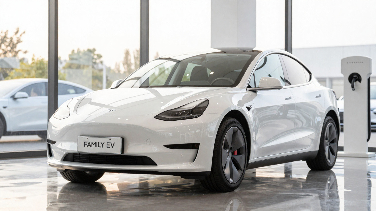 Voiture électrique blanche garée dans un showroom moderne avec borne de recharge visible à l'arrière.