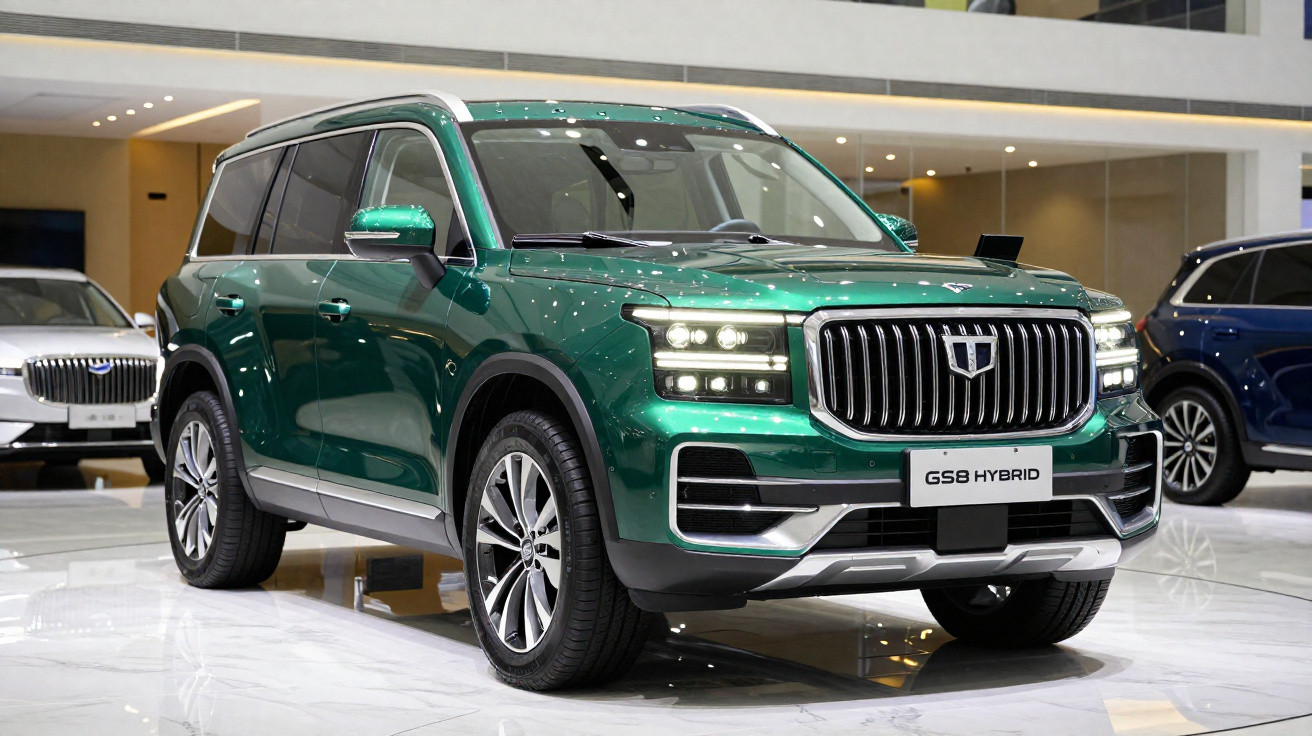 SUV vert métallisé GS8 Hybrid exposé dans un showroom automobile moderne et lumineux.