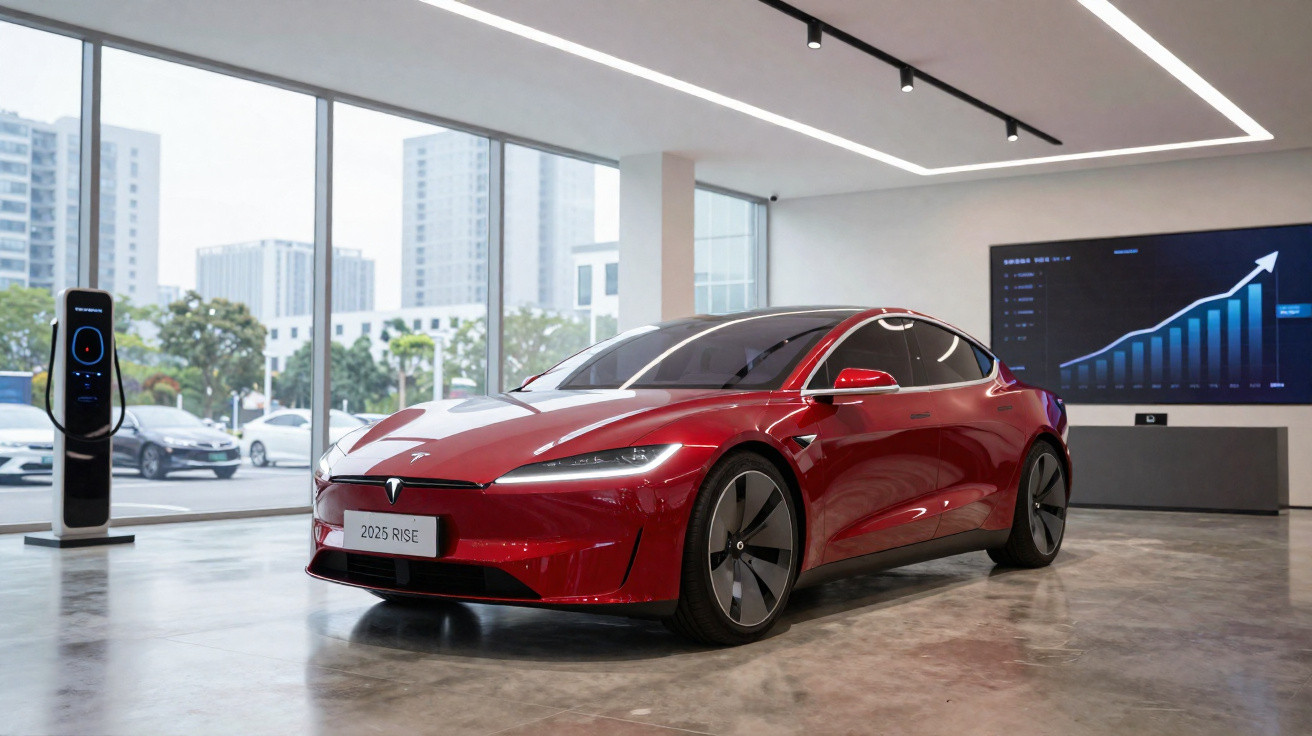 Voiture électrique rouge moderne exposée dans une salle lumineuse avec vue sur des bâtiments en arrière-plan.
