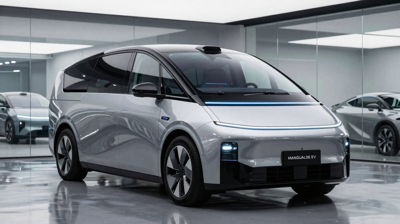 Véhicule électrique futuriste gris argent avec design épuré exposé dans un showroom moderne et lumineux.