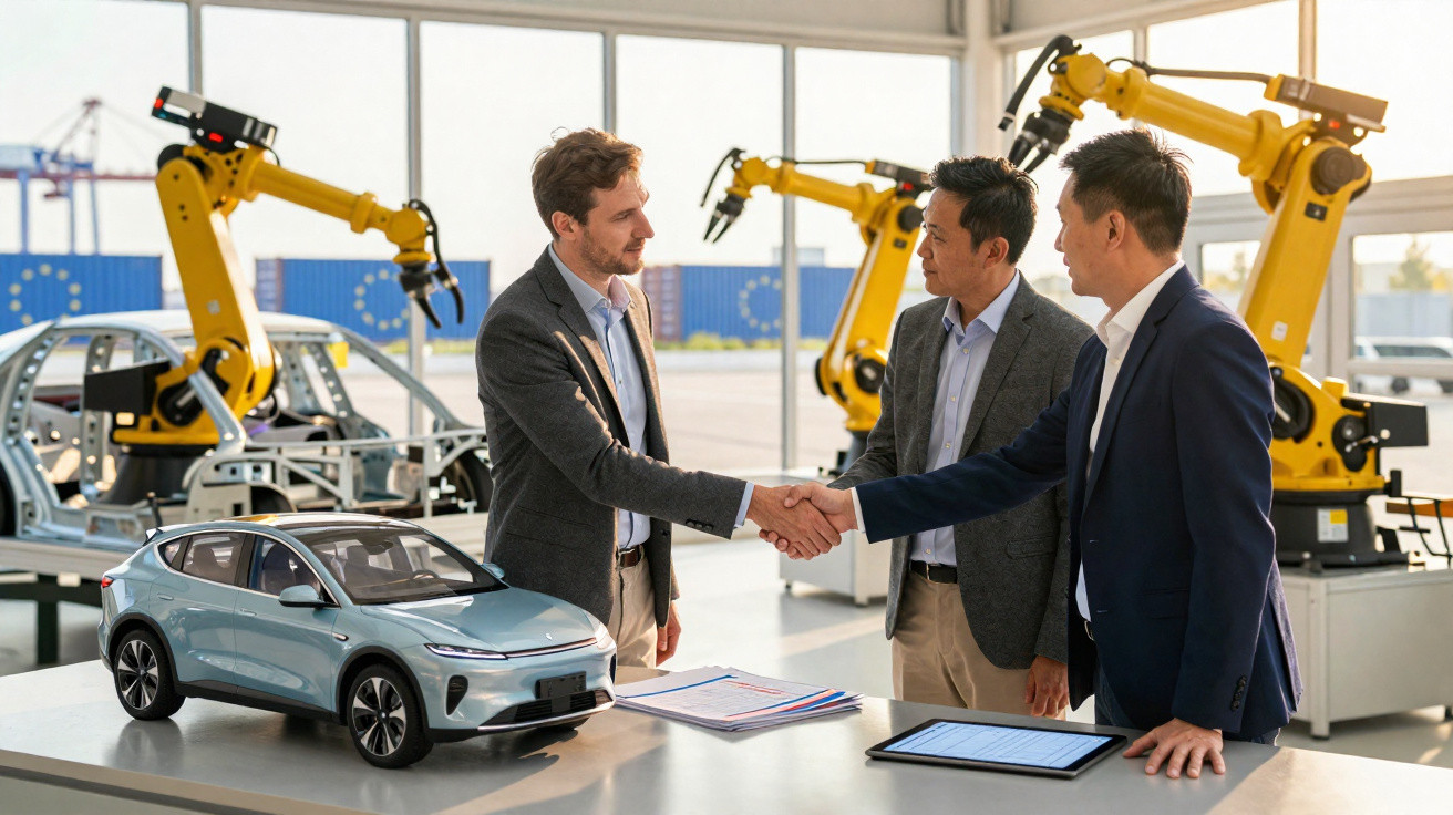 Trois hommes en réunion d'affaires dans un atelier avec robots industriels et maquette de voiture électrique.