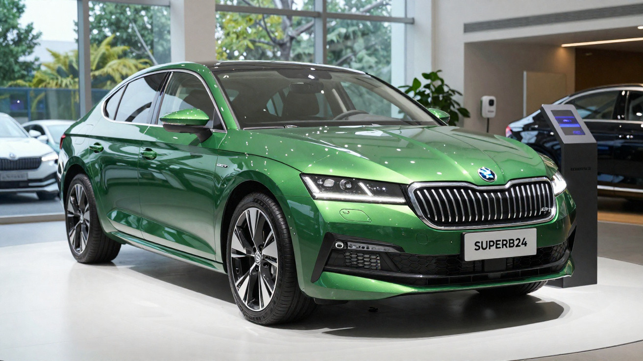 Voiture Škoda Superb verte brillante exposée dans un showroom moderne avec grandes baies vitrées.