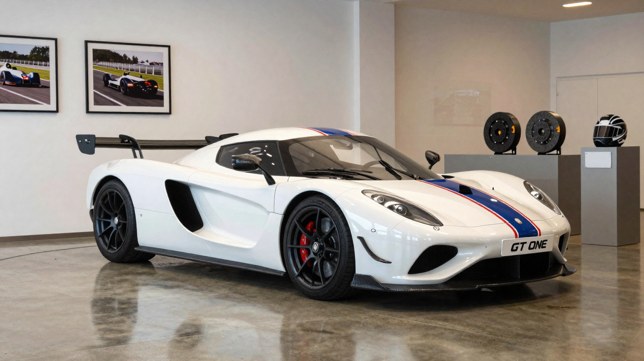 Voiture sportive blanche Koenigsegg GTive exposée dans une pièce avec photos et casque.