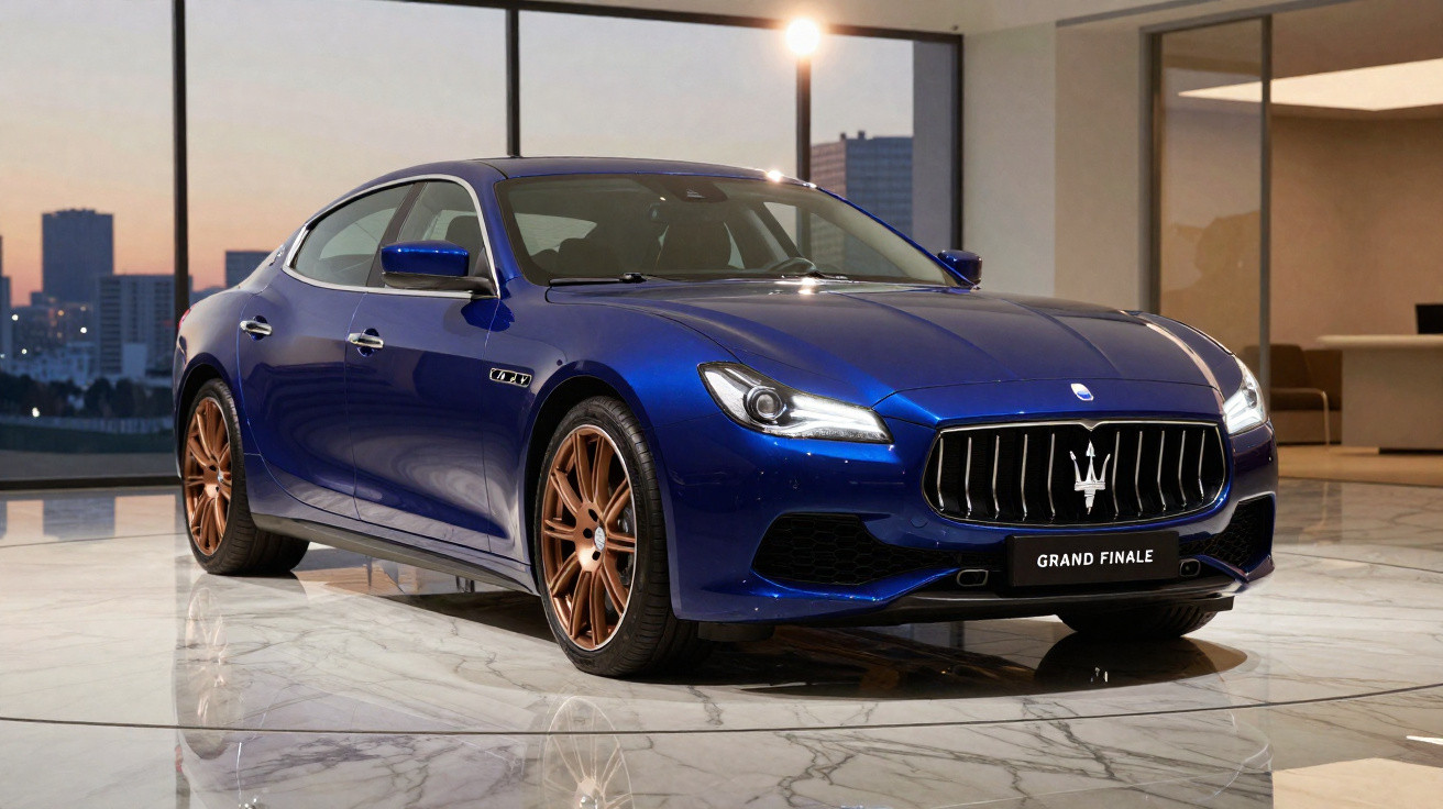 Voiture de luxe bleue Maserati Grand Finale exposée dans un showroom avec vue sur gratte-ciels urbains au crépuscule.