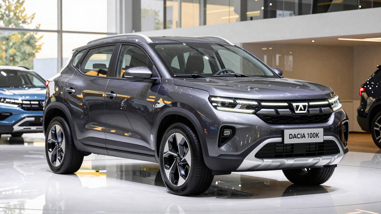 SUV Dacia 100K gris métallisé exposé dans un showroom moderne avec éclairage naturel.