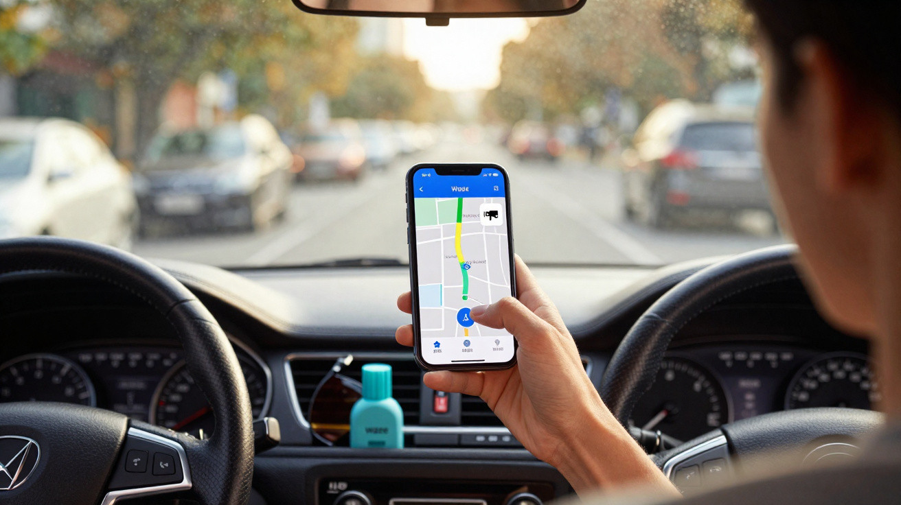 Personne conduisant une voiture et utilisant un smartphone pour suivre un itinéraire GPS.