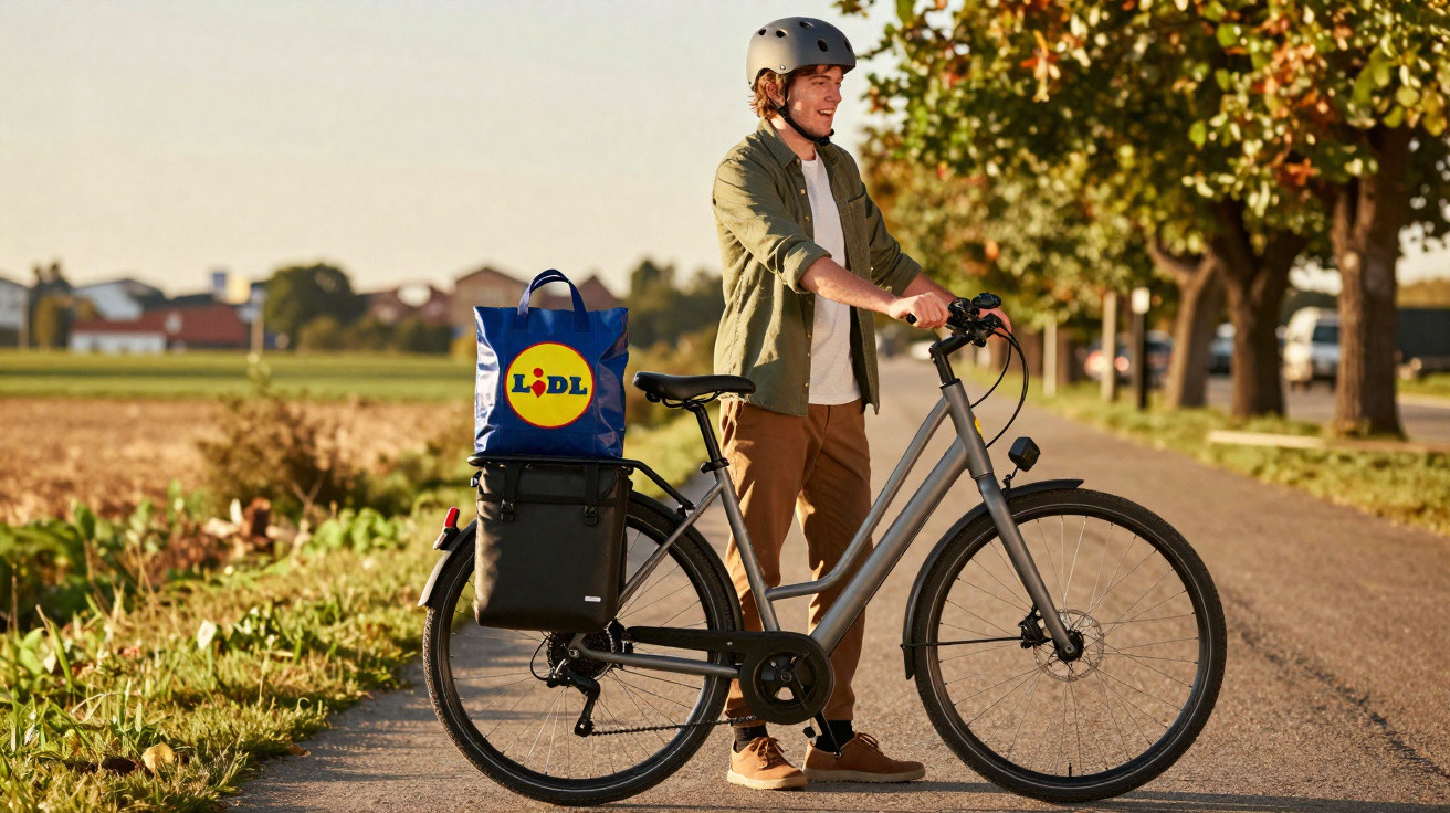 Jeune homme casqué avec vélo électrique et sac de courses Lidl sur une route ensoleillée à la campagne.