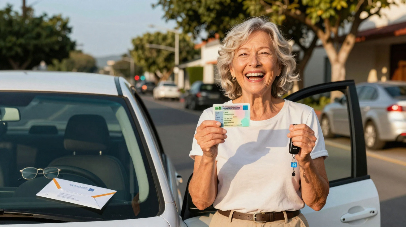 Femme âgée souriante tenant un permis de conduire et des clés debout près d'une voiture blanche ouverte.
