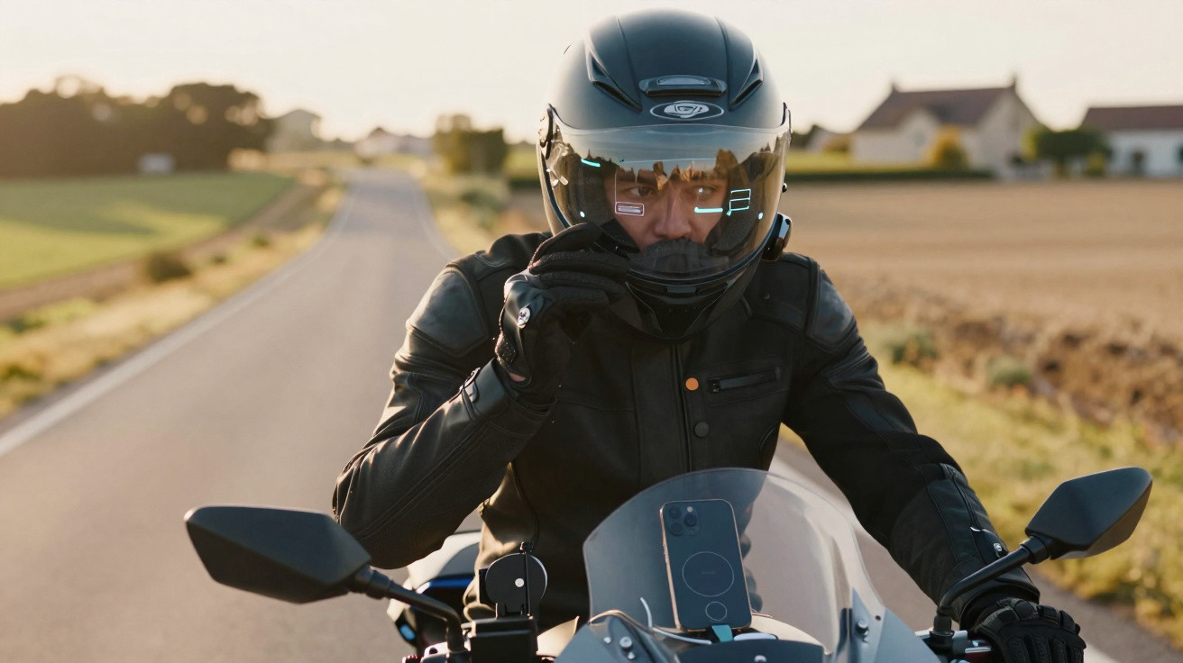Un motard en cuir noir ajuste son casque sur une route de campagne au coucher du soleil.