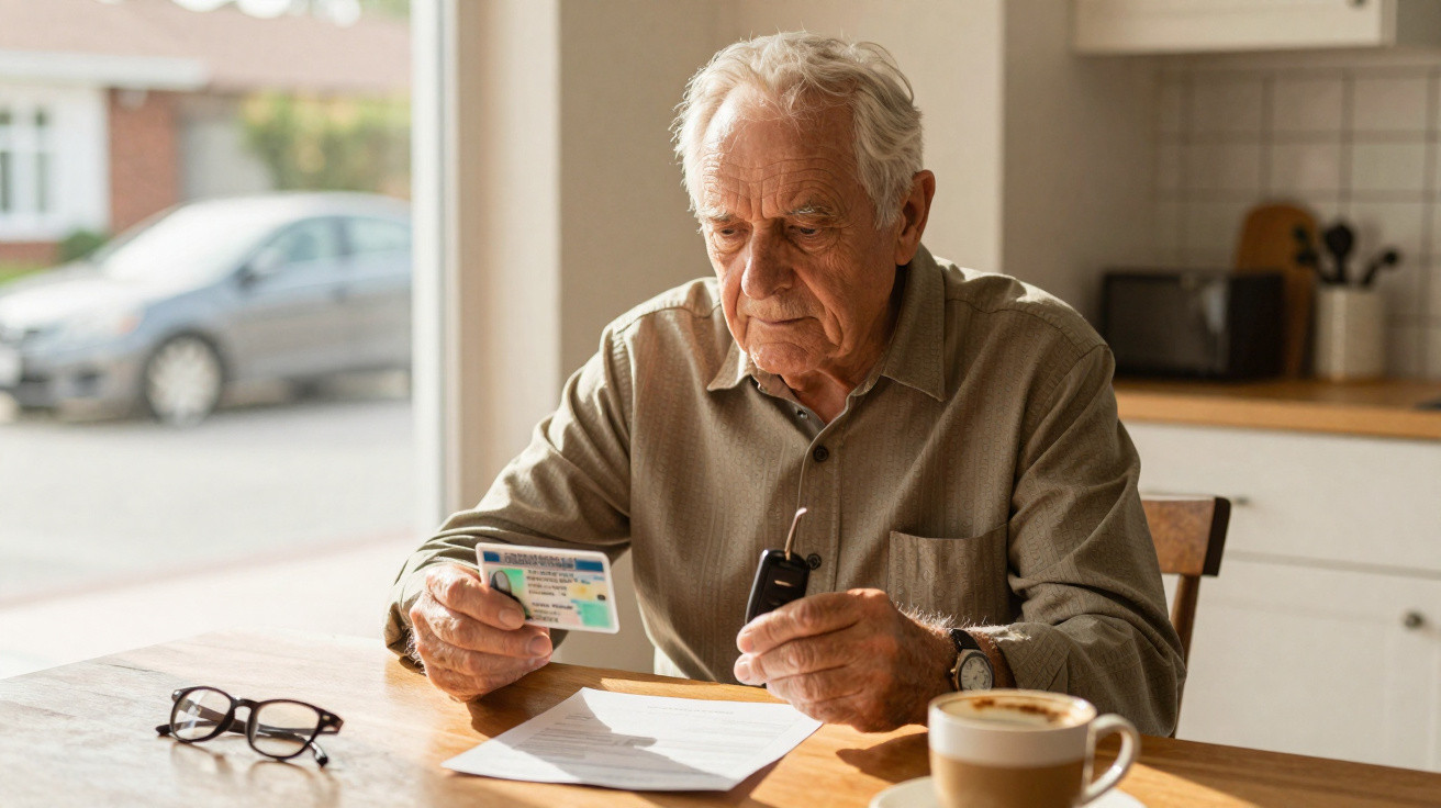 Homme âgé assis à une table, tenant une carte d'identité et une clé de voiture, avec des lunettes et une tasse de café.