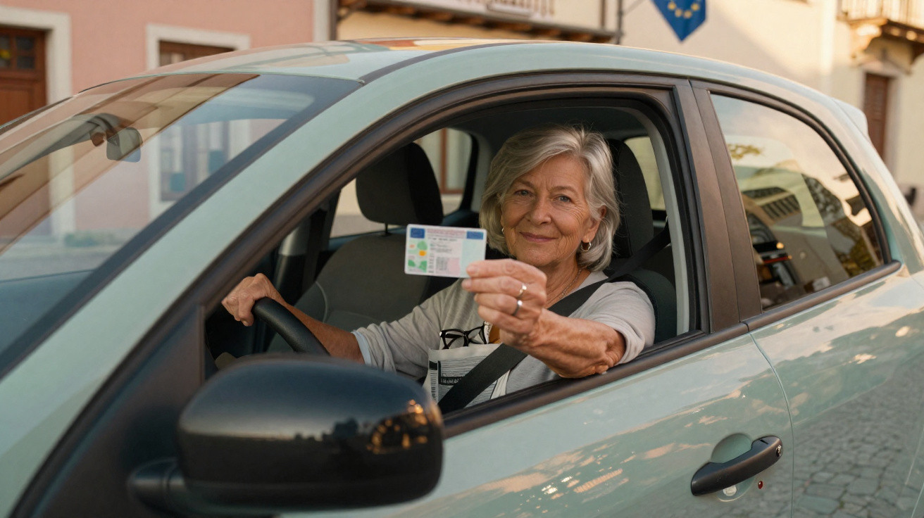 Femme senior souriante tenant un permis de conduire assise dans une voiture grise arrêtée en ville.