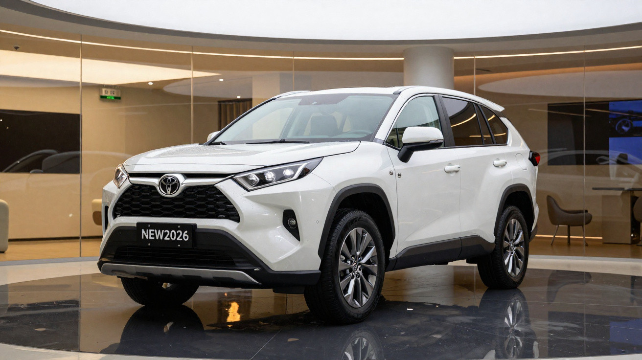 SUV Toyota blanc modèle 2026 exposé dans un showroom moderne avec sol réfléchissant.