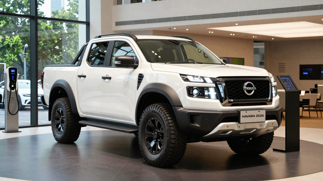 Pick-up blanc Nissan Navara 2026 exposé dans un showroom moderne.