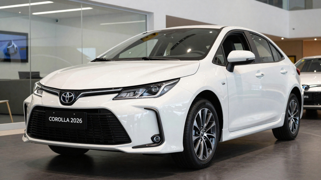 Voiture blanche Toyota Corolla 2026 en exposition dans un showroom moderne avec sol gris lisse.